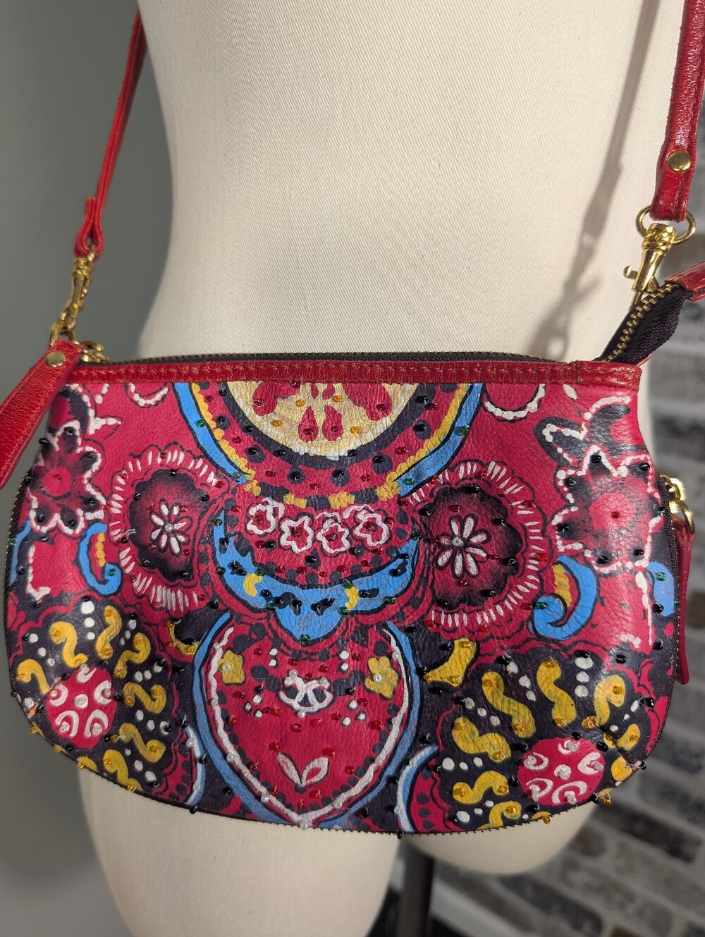Vintage Sharif Red Hand-Painted Leather Crossbody Bag.